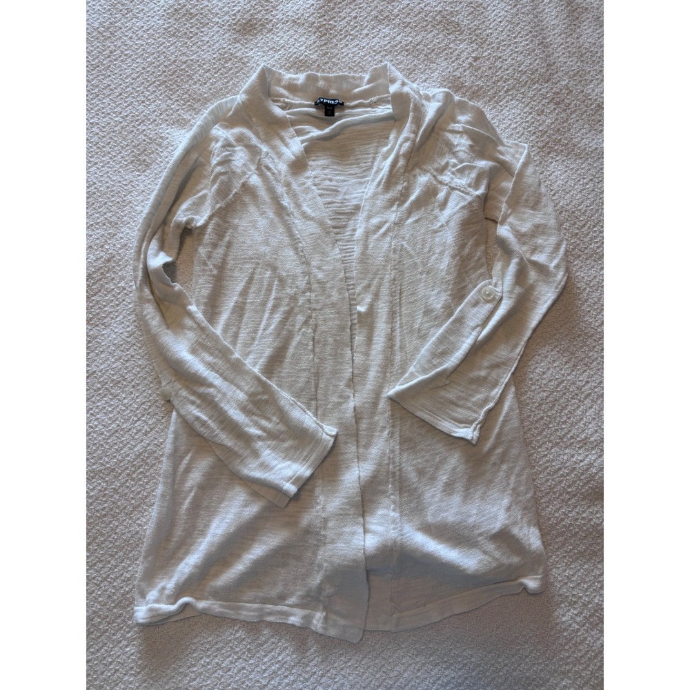 Express White Open Front Cardigan Slub Knit Button Tab Sleeve Sweater Mens M